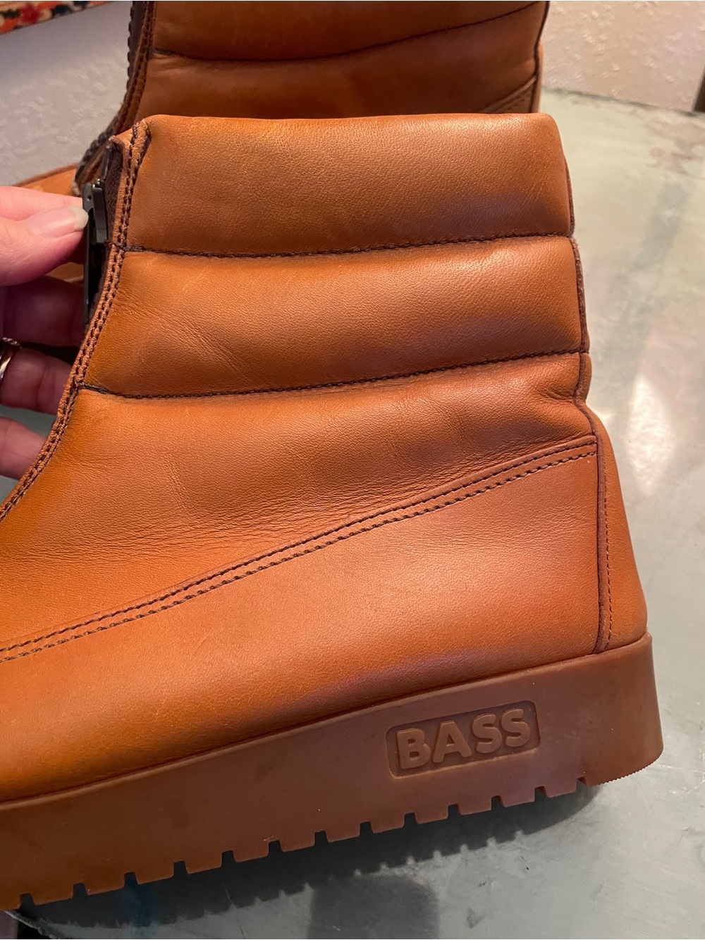 Bass Sugarloafer Cognac Leather Ankle Boot with Zip Red Flannel Lined Moonboots